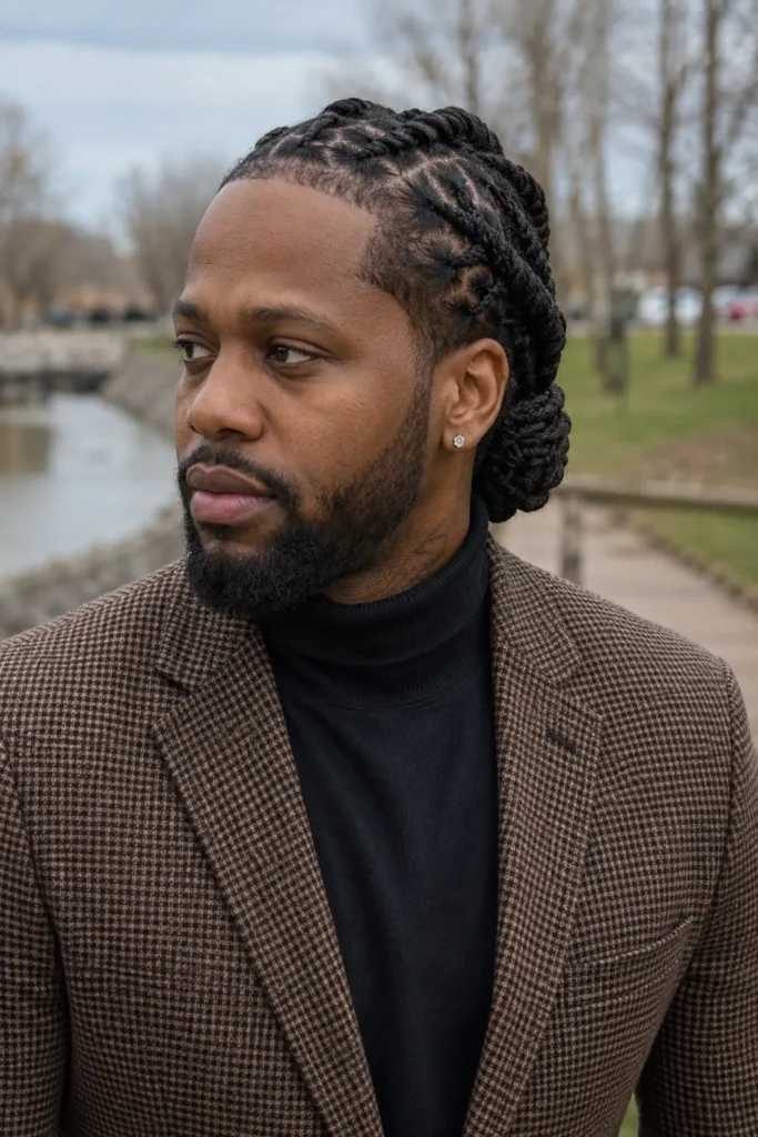 an African American man with barrel twist locs pulled back into a neat style, showcasing detailed hair texture and clean parting. He has authentic facial features, natural skin texture, and a trimmed beard. Dressed in smart casual clothing