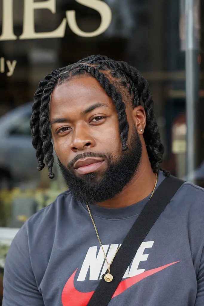 a real Black man with barrel twist locs and a full, neatly groomed beard. He has natural skin texture, authentic facial features, and a confident expression while looking directly at the camera