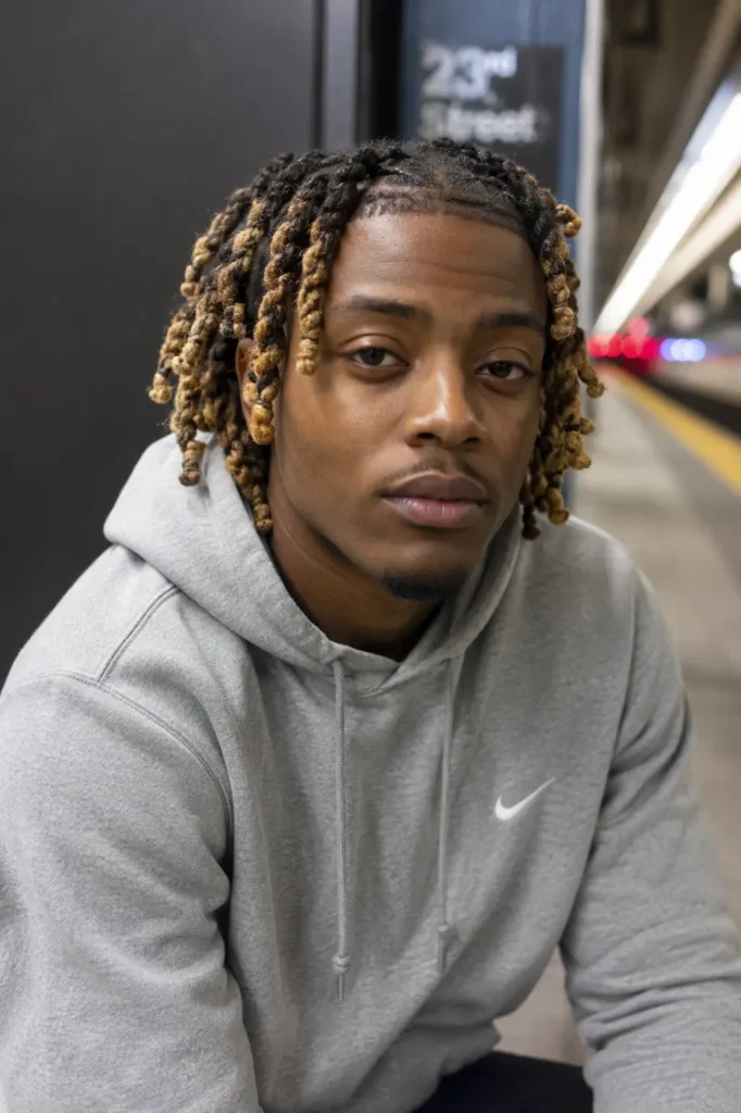 an African American man with barrel twist locs featuring blonde tips, seated in a modern urban transit setting. He has authentic facial features, natural skin texture, and a neatly groomed goatee. Wearing a casual gray hoodie, he looks directly at the camera with a calm expression
