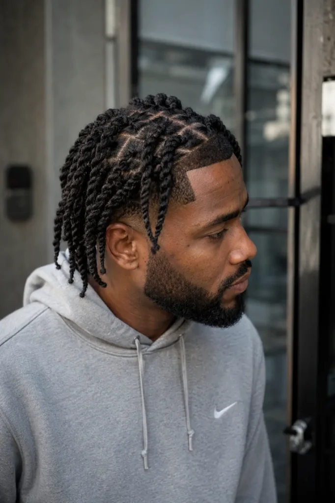 a Black man with barrel twist locs and a sharp hard-part haircut, viewed from the side. He has a well-groomed full beard, natural facial features, and authentic skin texture. Wearing a light gray hoodie, he stands in an urban outdoor setting with a softly blurred background