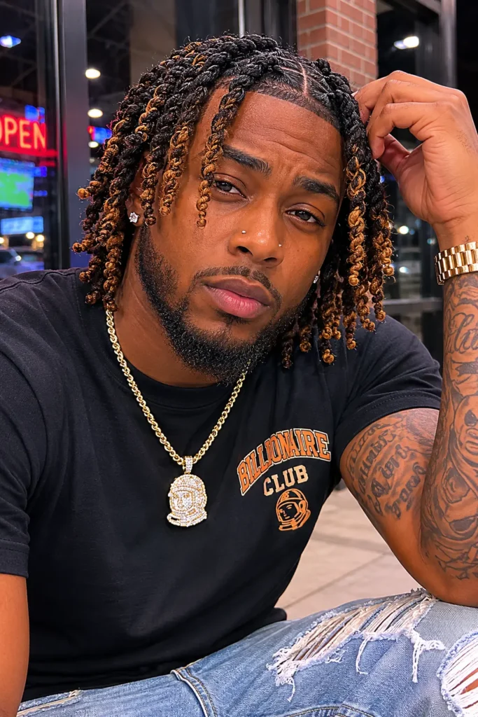 an African American man with barrel twist locs featuring honey blonde highlights. He has authentic facial features, natural skin texture, and a well-groomed beard. Wearing a modern casual black outfit with subtle gold accessories, he poses confidently in a close-up vertical portrait.