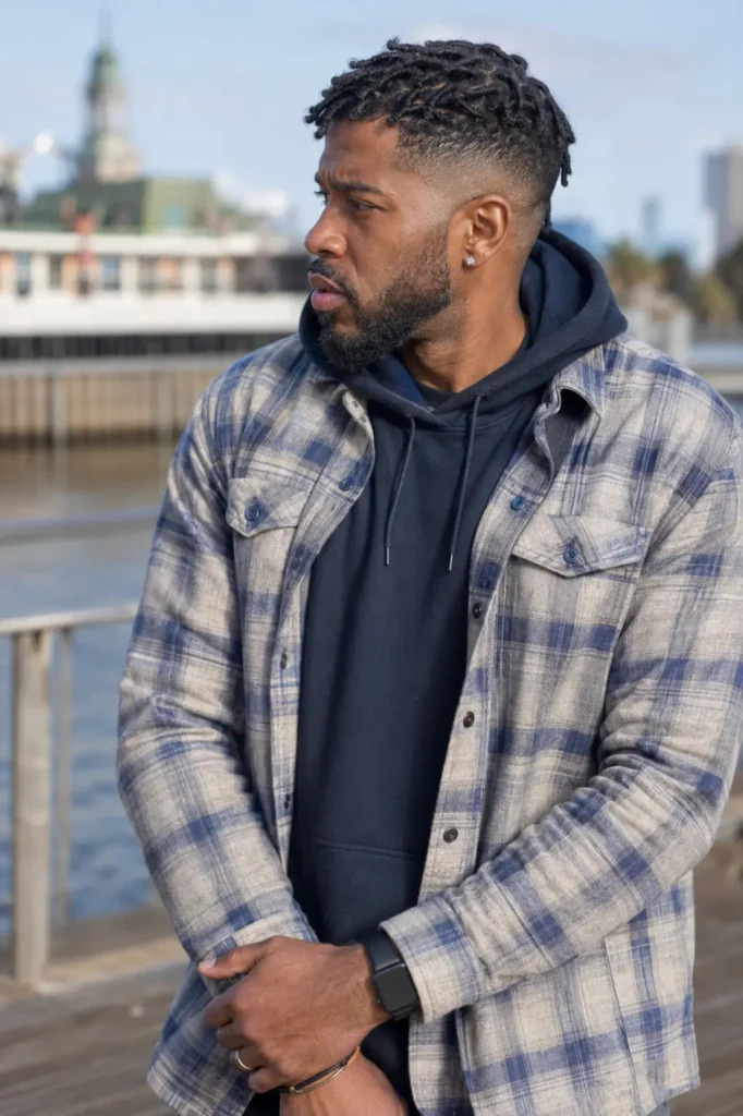 Real African American man with barrel twist locs and a clean taper fade haircut, standing outdoors near a waterfront. He has a groomed beard, natural skin texture, and authentic facial features, wearing a navy hoodie layered under a gray-blue plaid overshirt.