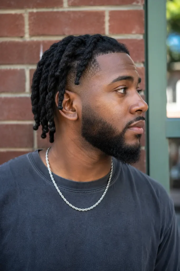African American man with barrel twist locs and a clean temple fade haircut, shown in a realistic outdoor portrait. He has authentic facial features, natural skin texture, and a neatly groomed beard. Wearing a casual dark T-shirt and a subtle chain necklace