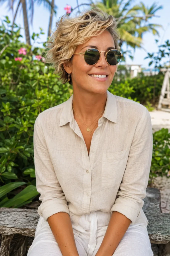 A smiling woman in her mid-30s with a short beachy wave pixie cut and honey blonde sun-kissed hair sits outdoors in a lush tropical garden near the beach. She wears round metal-frame sunglasses, a light beige button-up shirt, layered gold jewelry