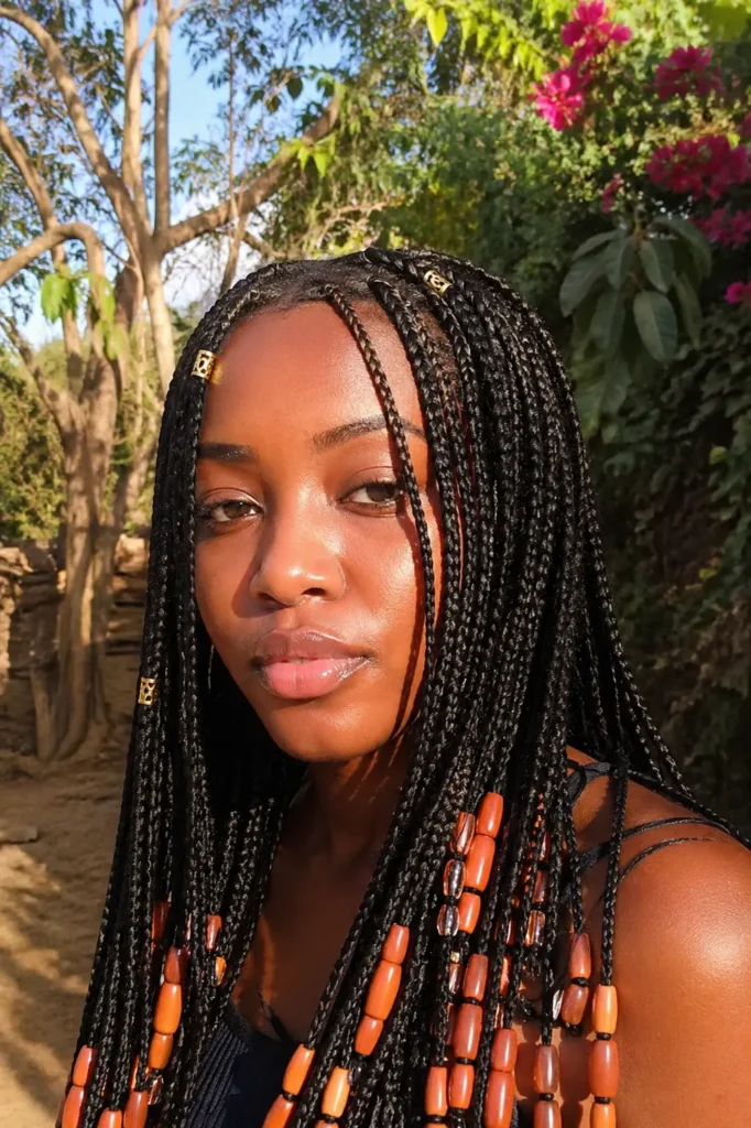 a young Black woman wearing Fulani-inspired braids decorated with beads and gold cuffs, standing outdoors in warm sunlight with a natural