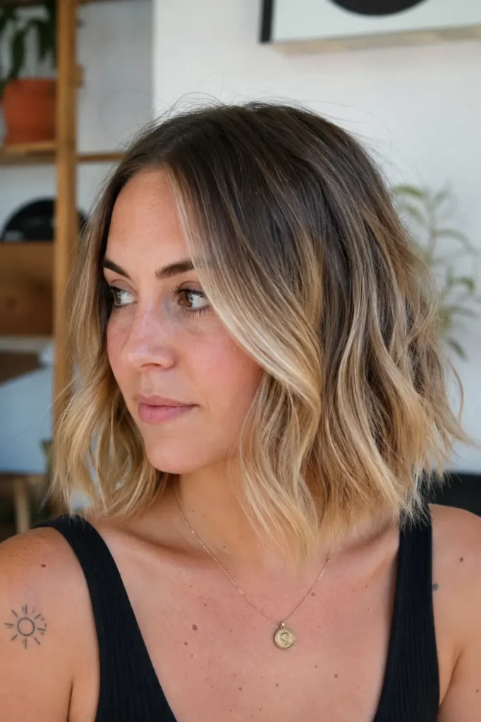 a young woman with a shoulder-length wavy bob featuring a root melt color blend from dark brown roots to soft blonde ends