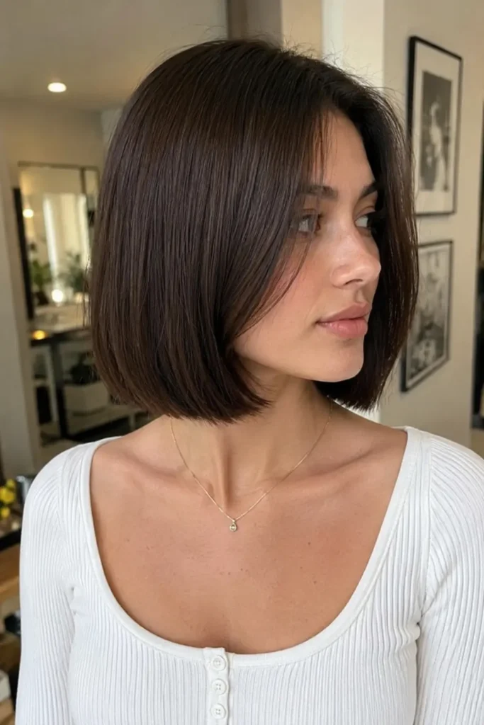 Real everyday woman with a sleek blunt cut layered bob hairstyle featuring sharp clean edges and subtle hidden layers, styled with smooth dark brown hair