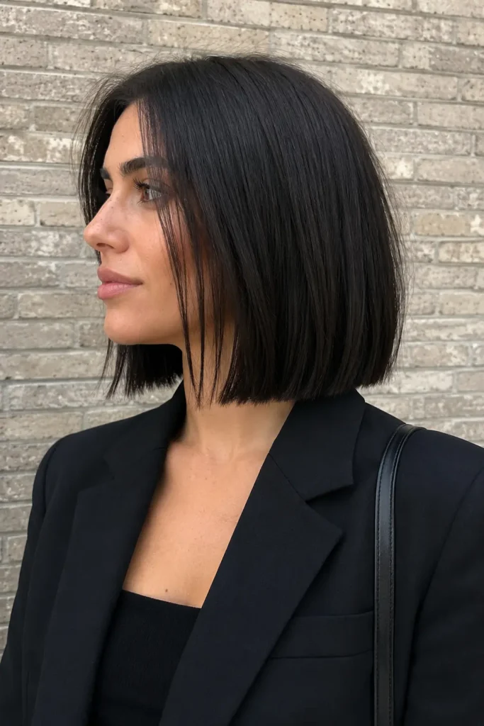a real woman in her mid-20s with a sleek blunt-cut lob hairstyle and fine dark hair, photographed against a light brick wall in an urban setting. She wears a chic black blazer with natural makeup