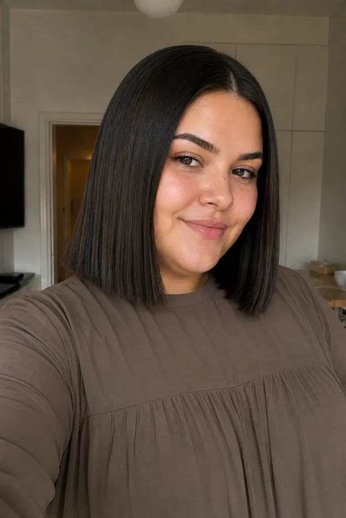 Plus-size woman with a sleek blunt shoulder-length haircut, featuring straight glossy dark hair with sharp even ends, wearing a modest long-sleeve dress in soft neutral tones
