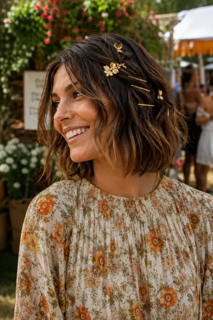 woman in her late 20s with a boho wavy lob hairstyle styled with small gold hair clips and decorative pins, smiling naturally at an outdoor garden party in warm summer light. Fine textured hair is the main focus, with soft waves