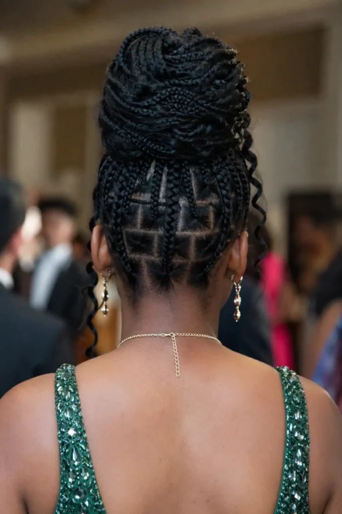 Back view close-up of a Black teenage girl at prom with neatly sectioned box braids styled into a high elegant bun, showcasing detailed braid patterns and clean parts, wearing a green embellished dress and gold jewelry
