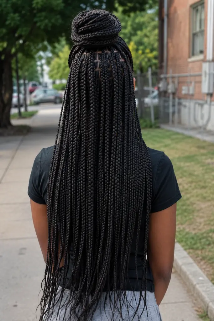 Back view of a real Black woman wearing a half up half down box braids hairstyle with a braided bun on top and long braids flowing down her back, standing outdoors on a casual residential street in natural daylight.