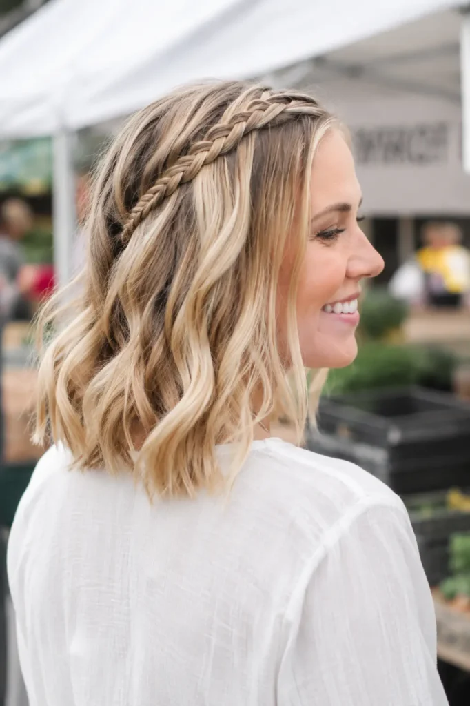 A  woman with a wavy lob hairstyle featuring a delicate braided accent, fine blonde hair, and soft texture, photographed at an outdoor farmers market in natural afternoon light. The candid lifestyle portrait focuses closely on the hairstyle,