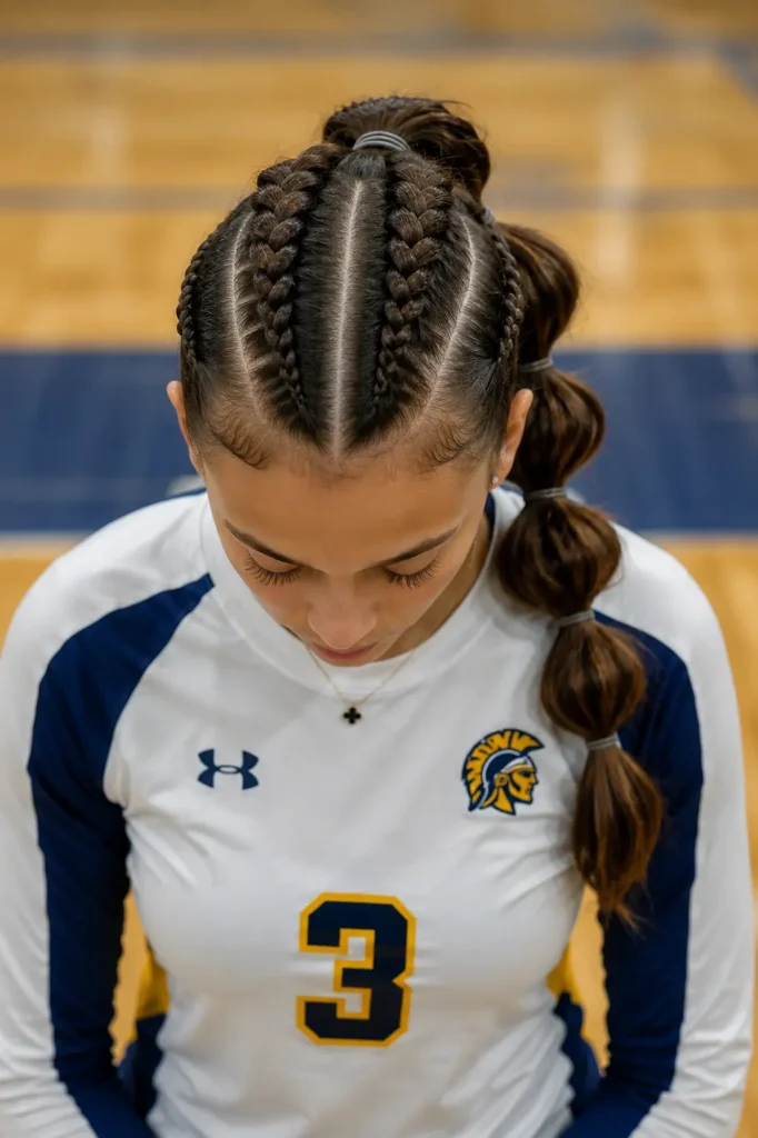 Young volleyball player with a braided bubble hawk hairstyle featuring tight center braids and structured bubble ponytail sections,