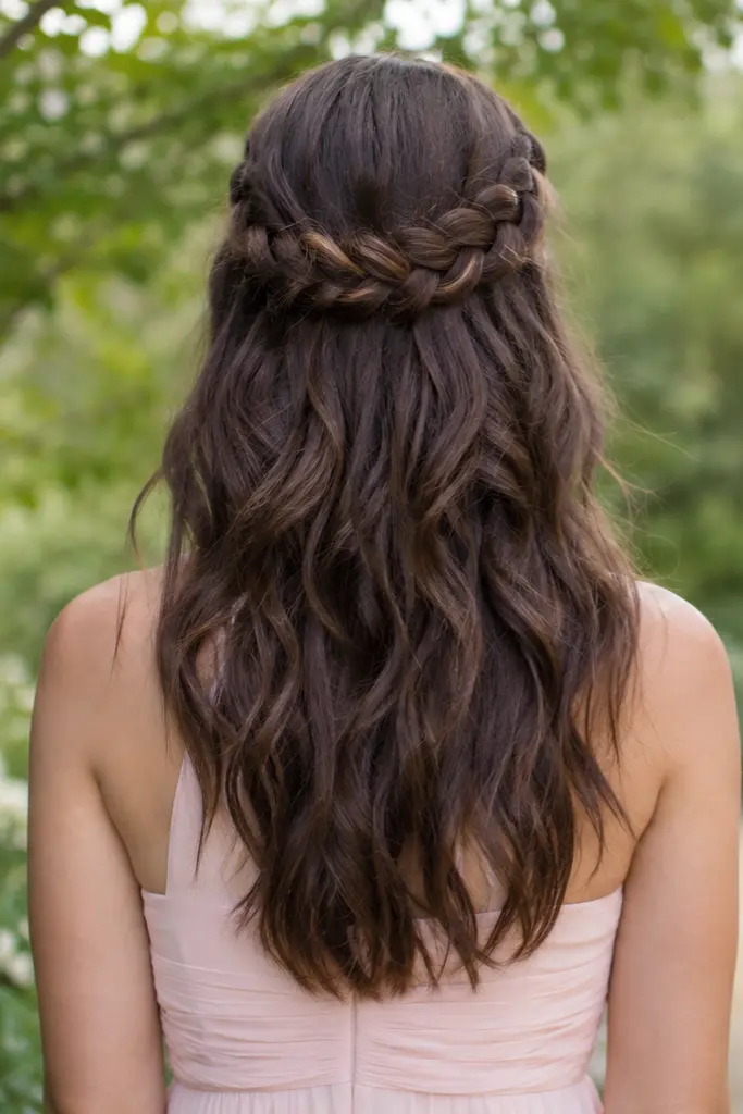 backside of  girl standing in a peaceful garden with a beautiful braided crown half-up hairstyle, long soft waves, and natural-looking hair texture under gentle outdoor lighting.