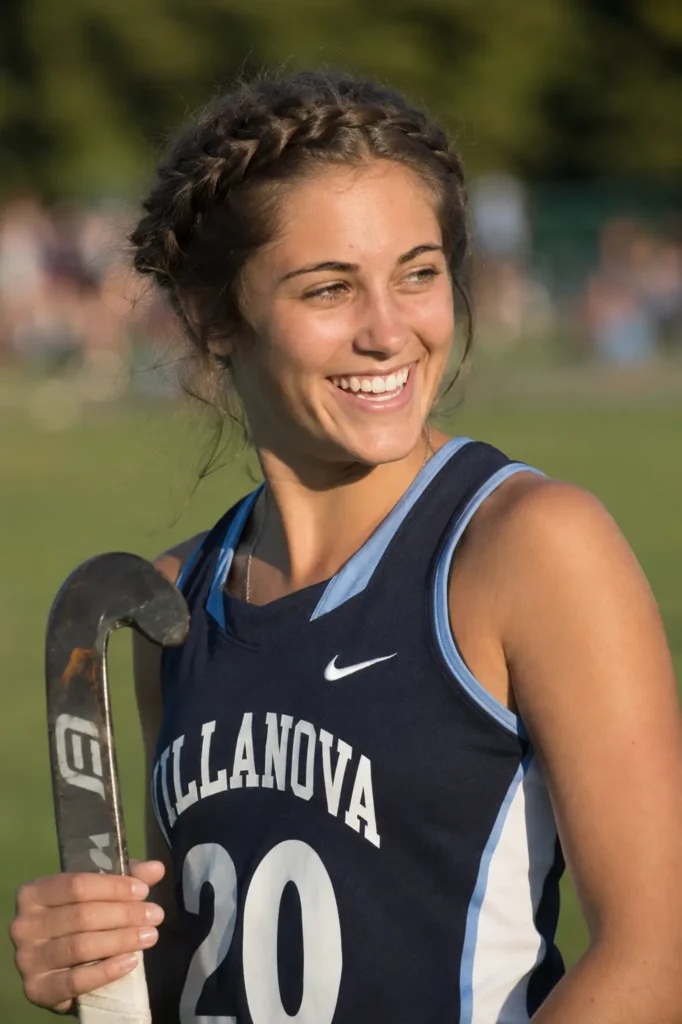 Young woman with medium-brown halo braid crown hairstyle wearing a field hockey jersey, smiling outdoors on a grass field in warm afternoon sunlight.