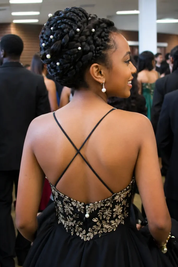 a Black teenage girl at prom, shown from the back and slight side profile. She wears a black formal dress with thin crisscross straps and gold embroidery. Her hair is styled in a braided crown updo decorated with small pearl accessories