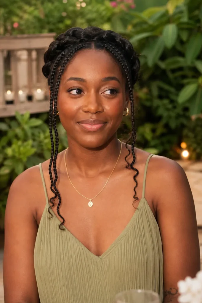 A real Black woman with a braided crown hairstyle and a few loose braids framing her face, wearing soft natural makeup. She is outdoors in a lush garden setting with warm
