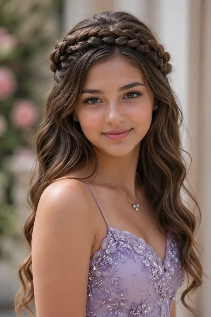 a teenage girl with a braided crown hairstyle and long loose waves, wearing a pastel lavender formal dress. The detailed braid wraps around the crown of her head, blending into soft flowing waves. She has natural facial features,
