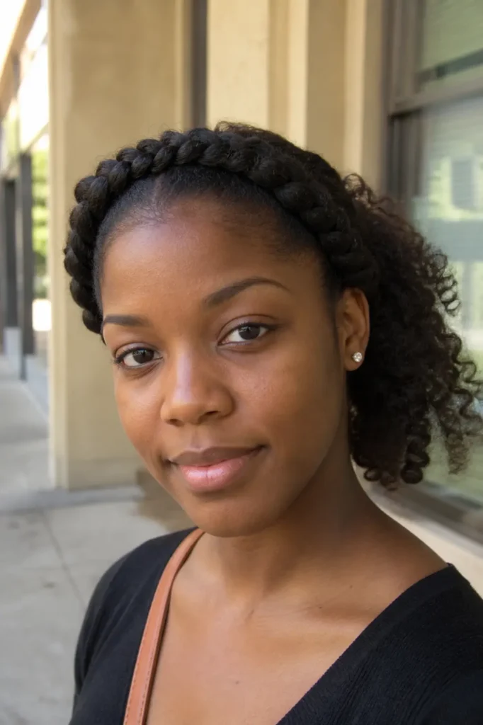A young Black woman stands outdoors in soft daylight, wearing a braided crown hairstyle with loose natural curls gathered at the back