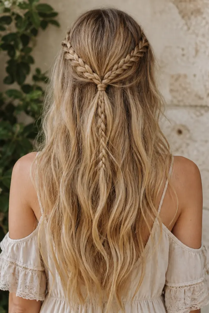alt text 

Back view of a girl with a braided half-up half-down hairstyle, small braids meeting at the crown, and long honey blonde hair flowing in soft waves under natural light.