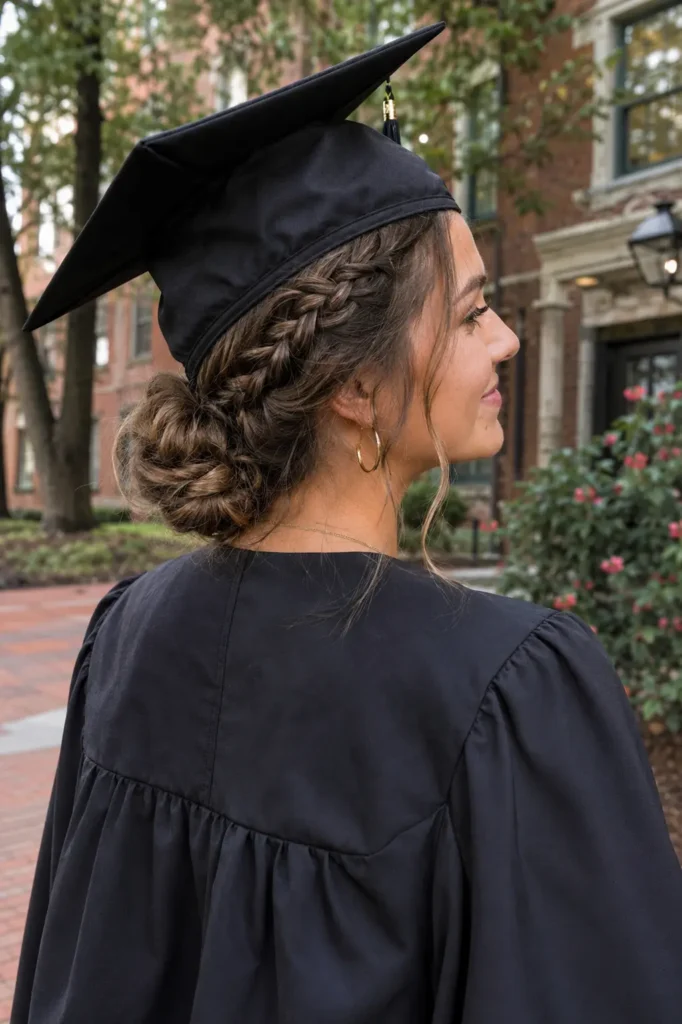 young woman in a graduation gown and cap on a university campus, featuring a braided low bun hairstyle with intricate braid details visible beneath a slightly lifted graduation cap