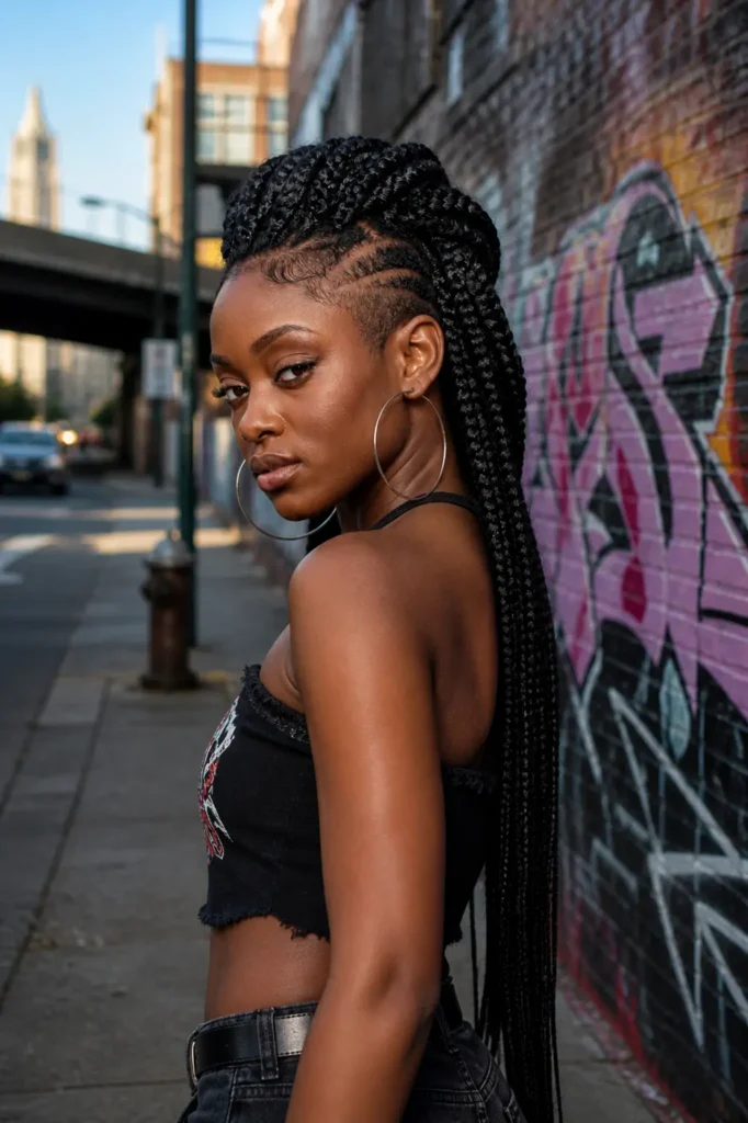 side pose of girl wearing black shirt has Braided Mohawk hairstyle 
