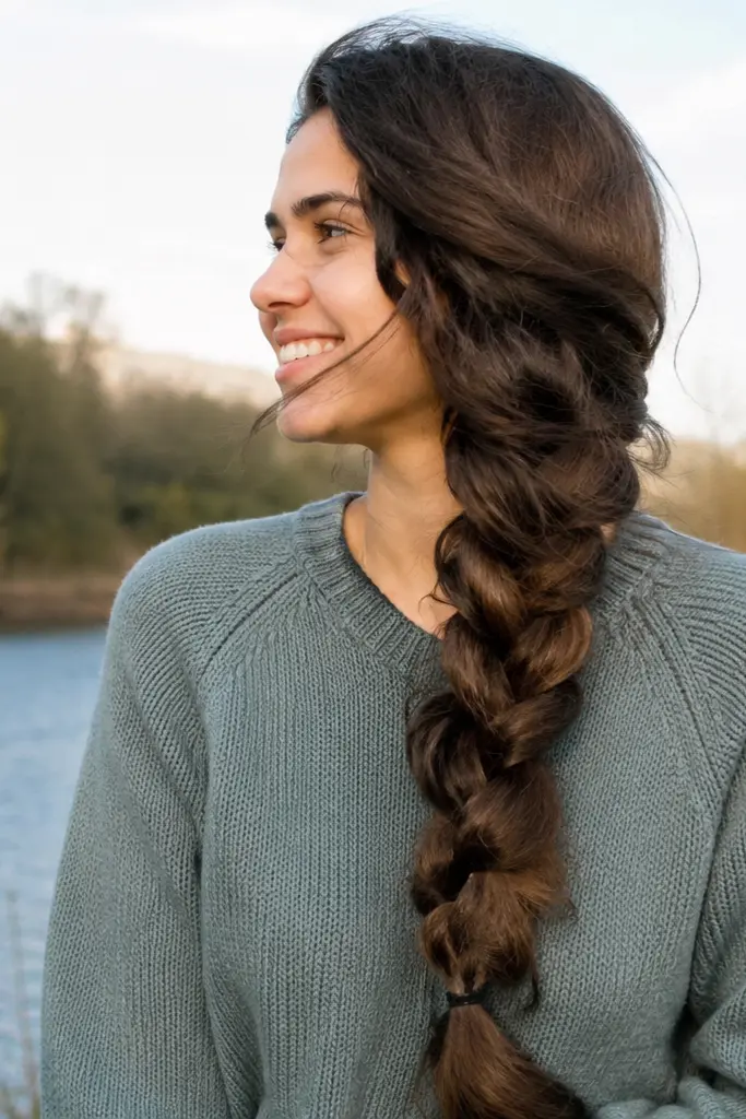 A young woman with a thick oversized braid smiles naturally while standing outdoors beside a river, wearing a cozy knit sweater in soft natural sunlight.
