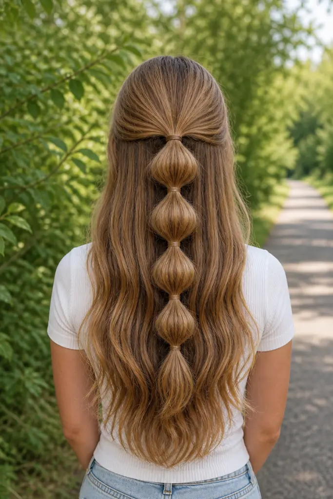 Back view of a young woman with light golden brown hair styled in a bubble half-up half-down segmented ponytail, standing on a sunlit outdoor path, with smooth texture and clearly defined bubble sections visible down to mid-back.
