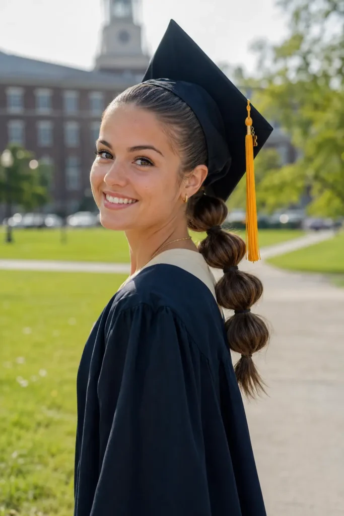 Real woman around 22–25 years old wearing a graduation gown and cap on a university campus, smiling naturally in daylight.