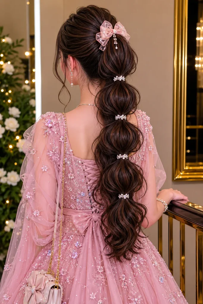 Back view of a real teenage girl around 13–14 years old wearing a formal blush pink dress, featuring a bubble ponytail hairstyle with soft waves. The hairstyle is highlighted with evenly spaced bubble sections, glossy texture, and flowing curled ends