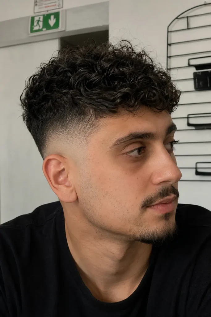 a young man with a burst fade and curly top haircut, featuring defined dark curls, clean fade transitions around the ears,