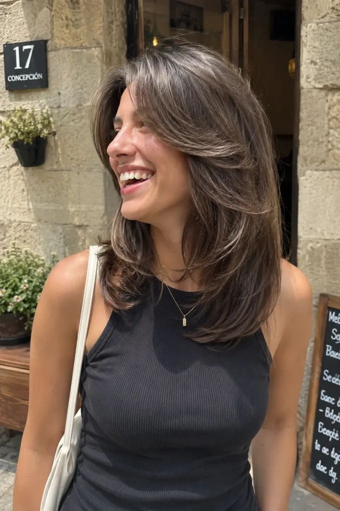 woman in her mid-20s with a butterfly lob haircut featuring voluminous crown layers and longer face-framing ends, fine hair styled with soft movement and fullness, laughing candidly outdoors in warm natural daylight
