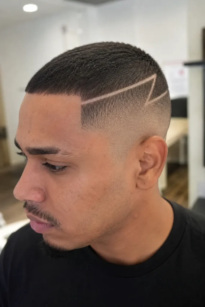 a young man with a buzz cut fade haircut featuring sharp geometric shaved line designs on the side