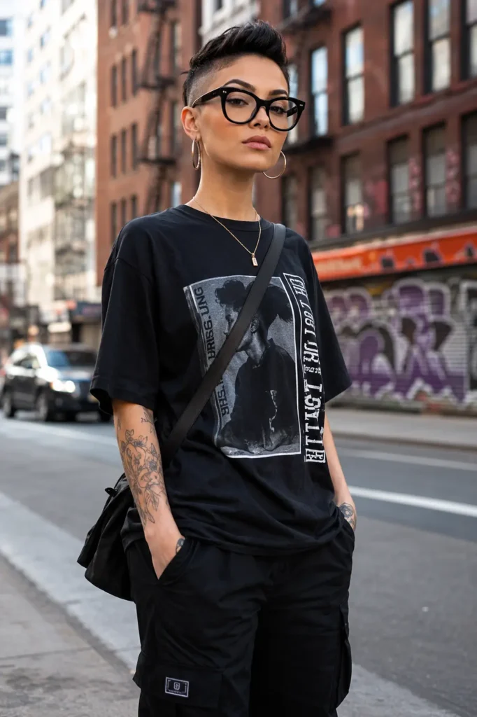 A confident woman with a buzzed pixie haircut and shaved sides stands on a city street in daylight. She wears thick black-framed glasses, an oversized black graphic T-shirt, and black cargo-style streetwear pants. Tattoos are visible on her arms, and she carries a black shoulder bag. The urban background features brick buildings, graffiti-covered storefronts, and blurred traffic, giving the portrait a modern street-style aesthetic.
