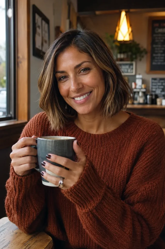  woman in her 30s with a caramel-toned lob hairstyle and warm honey highlights in fine brown hair, sitting in a cozy café while holding a mug