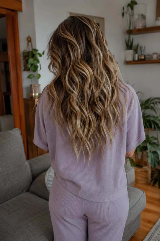 a real woman with thick textured light brown and blonde waves, wearing a casual soft purple outfit in a cozy modern home setting