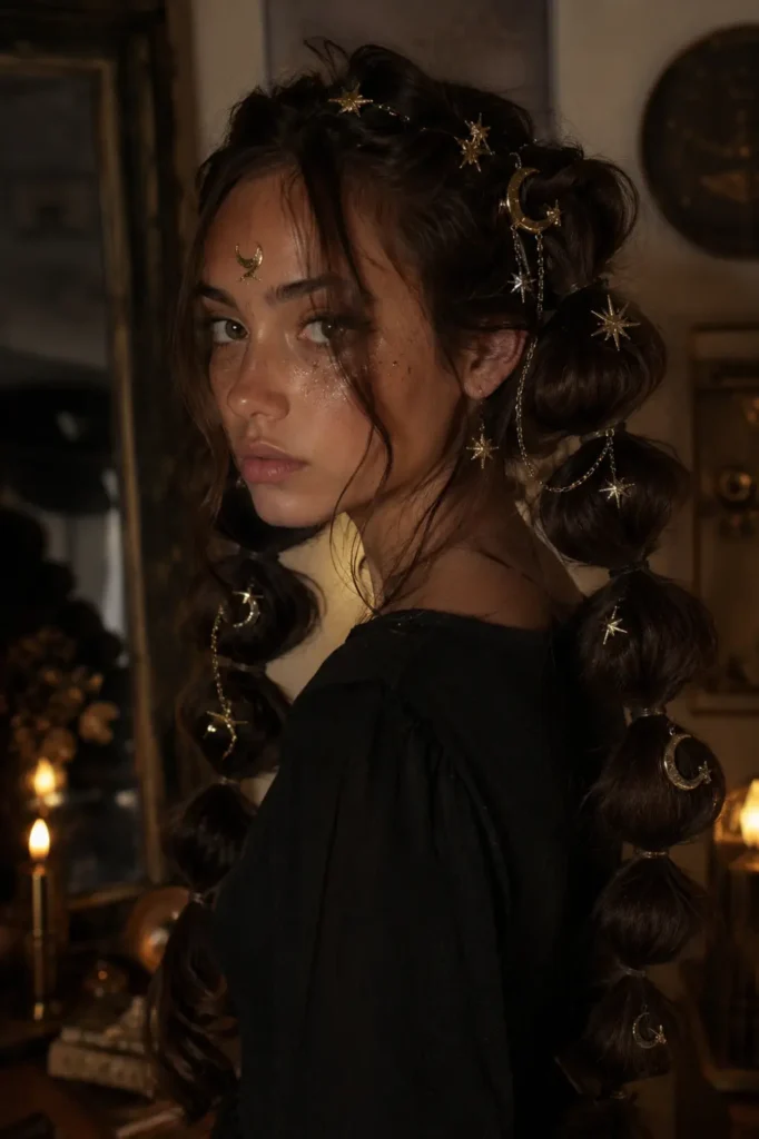 young girl with long dark bubble braids decorated with celestial moon and star accessories, wearing a magical witch-inspired hairstyle in warm moody lighting with a fantasy aesthetic.