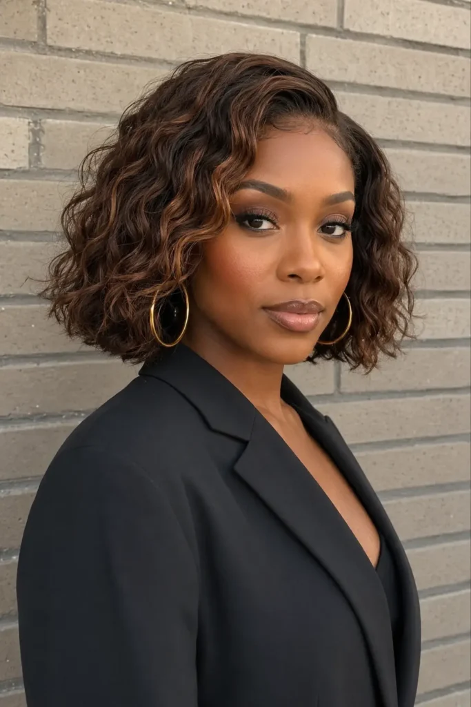 a woman in her late 20s with deep brown skin wearing a chin-length chestnut brown deep wave bob wig with auburn highlights