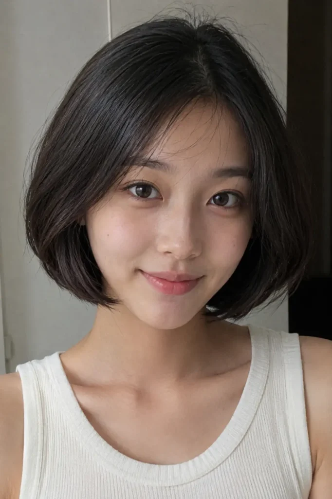young woman with a heart-shaped face and a chin-length bob haircut featuring soft rounded ends, photographed indoors in natural light. She wears a simple sleeveless top
