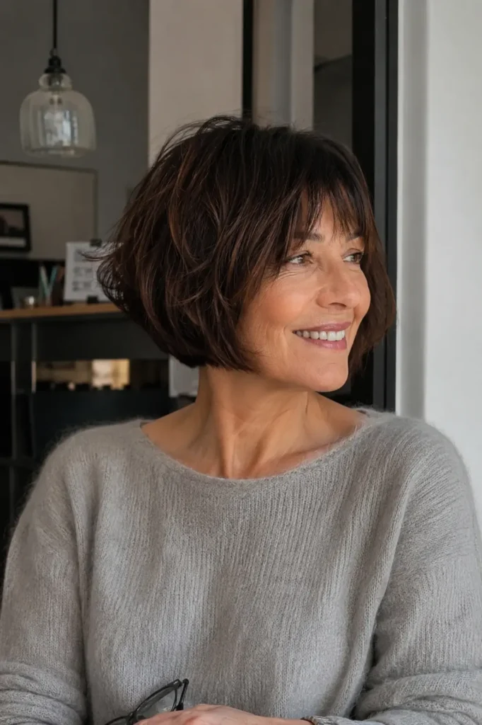 a 50–60-year-old woman with a chin-length French bob haircut featuring soft layers and natural volume.