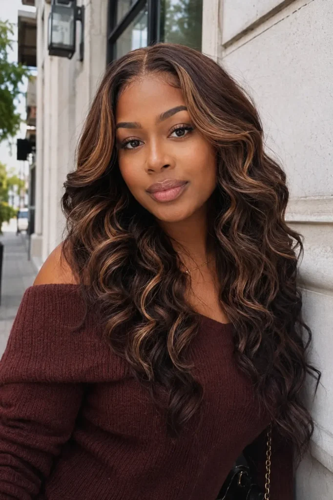 a young Black woman standing outdoors beside a light stone building, wearing a burgundy off-shoulder sweater and a chocolate brown deep wave wig with warm caramel highlights