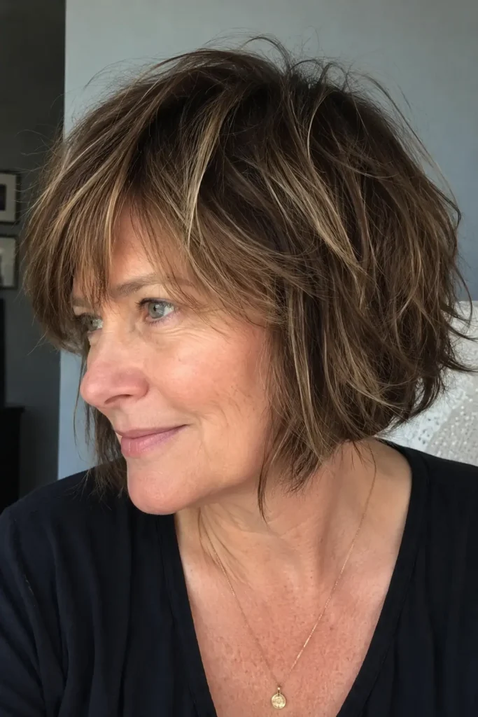 a woman around 50–60 years old with a choppy bob haircut and soft side bangs. Her hairstyle features textured layers with natural movement and volume, dominating the composition.