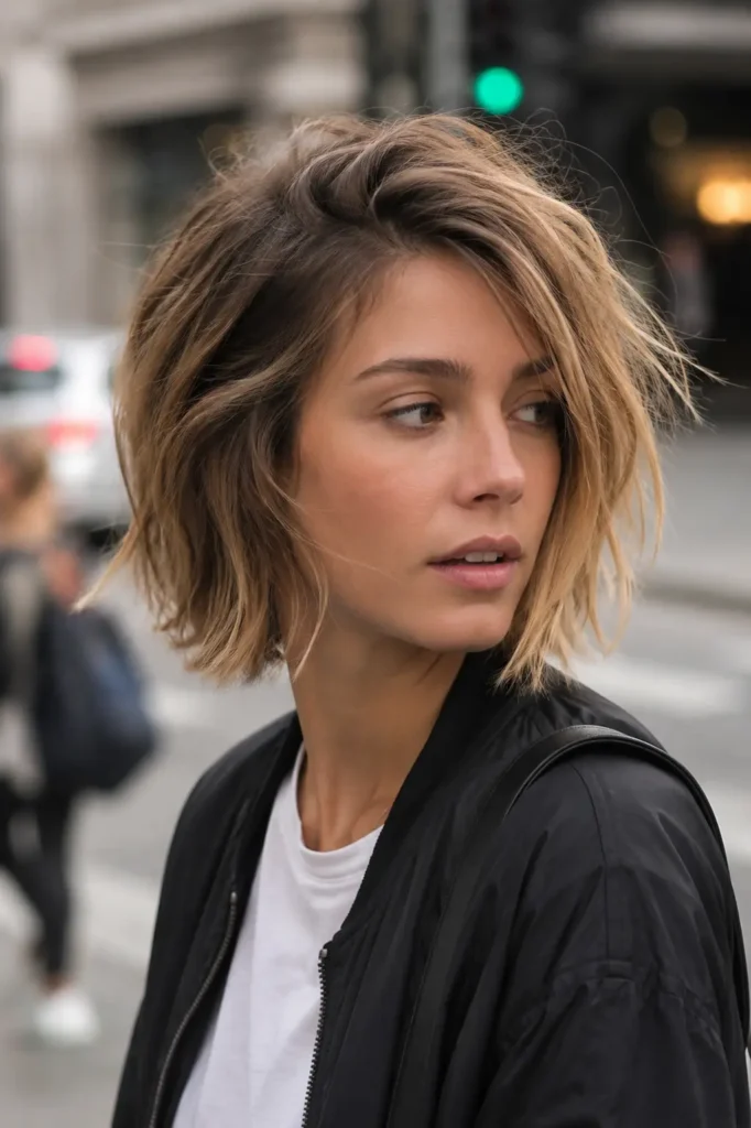 young woman with a choppy layered bob haircut featuring uneven textured layers and tousled movement, standing outdoors in a softly blurred city setting. Her dark blonde hair has edgy volume and a slightly messy finish