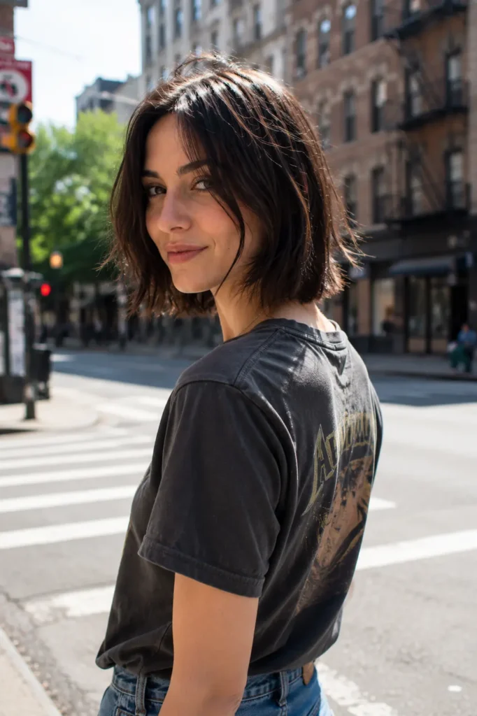 A real woman in her mid-20s with a choppy piece-y lob hairstyle and fine dark brunette hair standing on a city street in bright natural daylight. She wears a graphic tee and jeans with a relaxed, confident pose, while the textured lob haircut with separated layers and movement remains the main focus in a candid urban lifestyle setting.