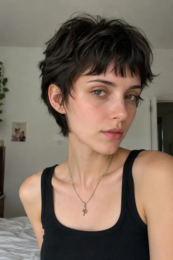 a real young woman with a choppy dark pixie haircut, short micro bangs, and textured messy layers. She has natural skin texture, soft freckles, and a relaxed edgy expression, wearing a simple black tank top indoors