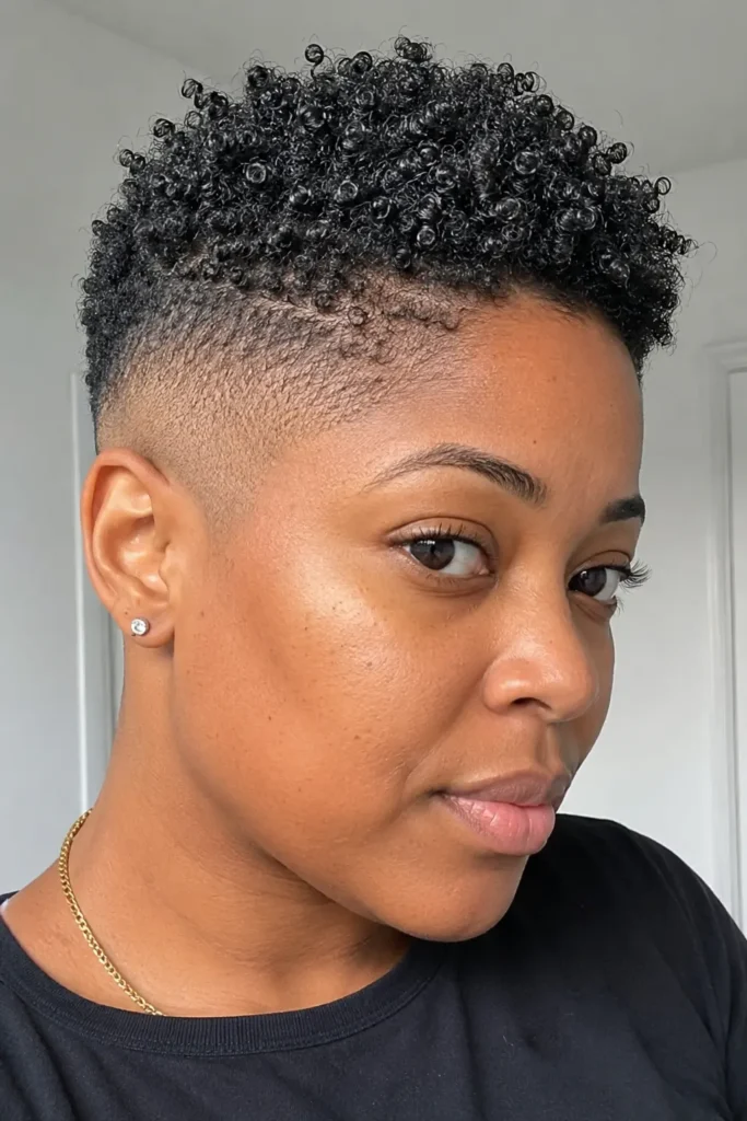Black woman aged around 25–35 with a classic bald fade hairstyle featuring defined natural curls on top,