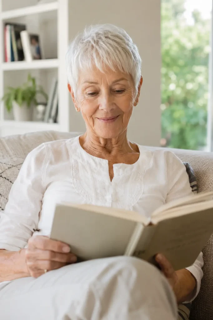 An elderly woman in her early 70s with a close-cropped white pixie haircut sits comfortably in a bright, cozy home while reading a book. She has radiant wrinkled skin, a warm and peaceful expression, and wears a soft white outfit