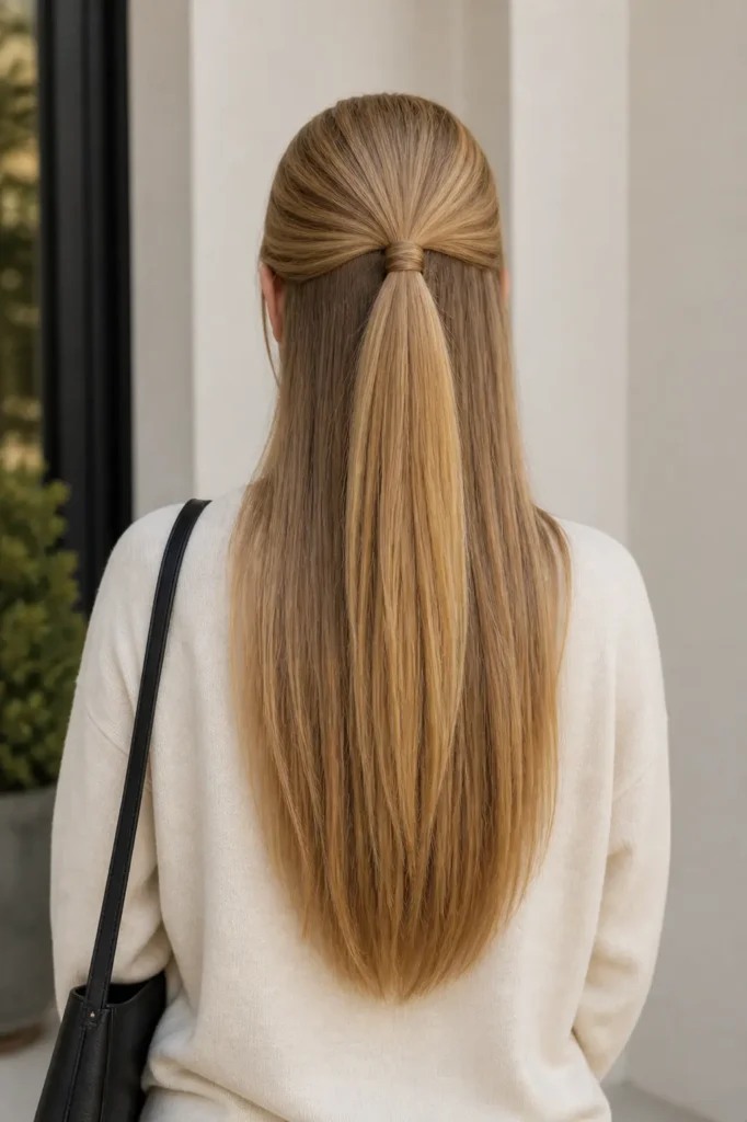Back view of a real girl with a classic half-up half-down ponytail, smooth sandy blonde hair flowing straight to mid-back, clean structure, natural lighting, and visible shine with realistic strands.