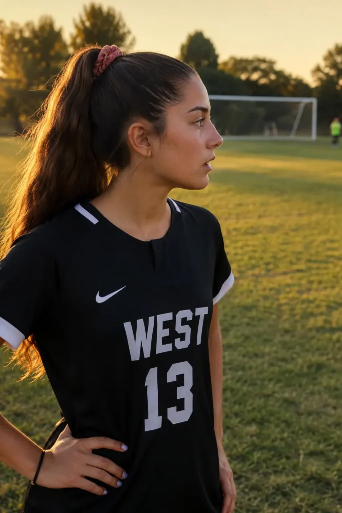Teenage girl standing on a soccer field at golden hour, viewed from behind with thick dark hair tied in a high sleek ponytail using a scrunchie. She wears a black soccer jersey with the number 13 and matching athletic shorts,